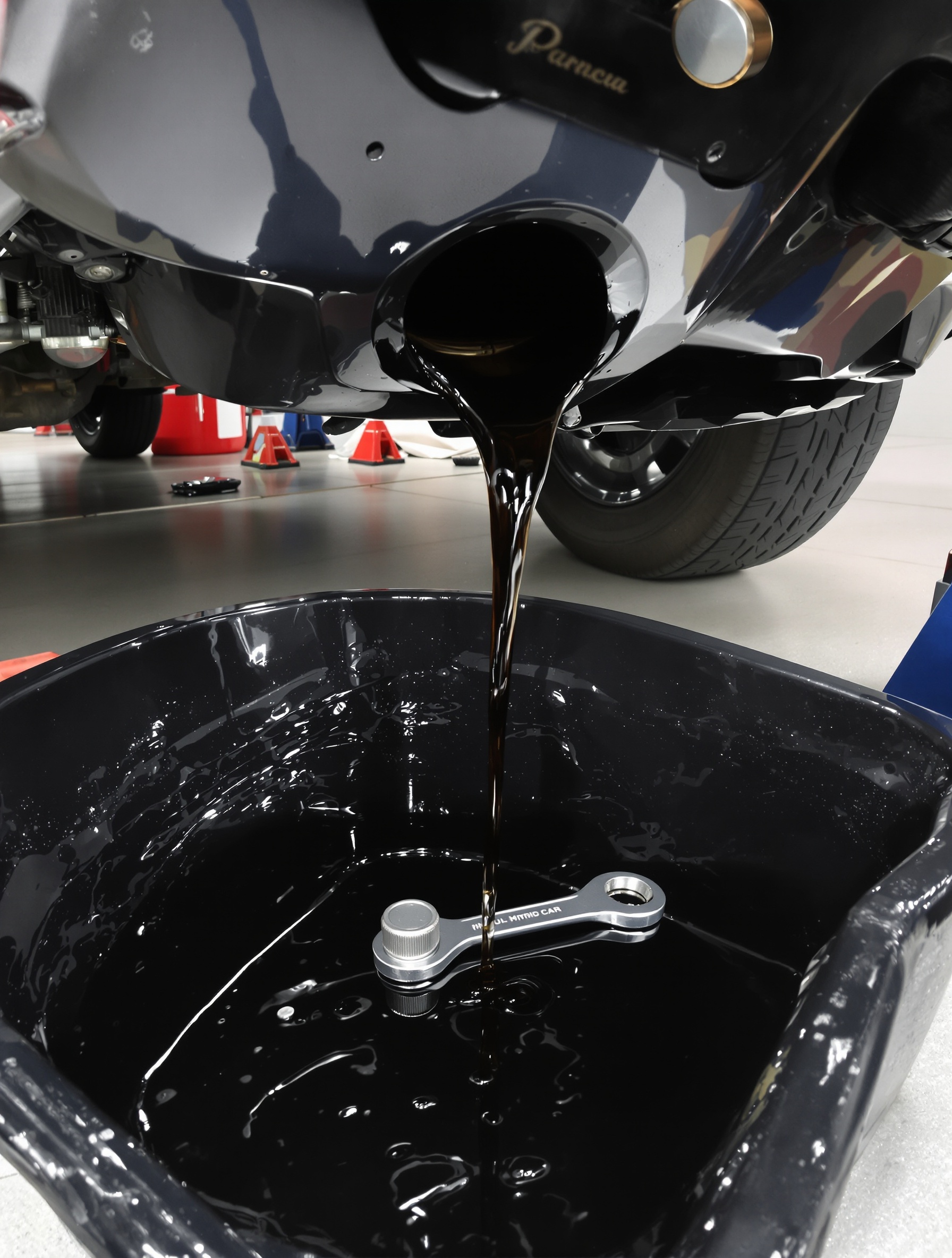 Vidange propre d'une VSP : huile noire s'écoulant du carter dans un bac dédié