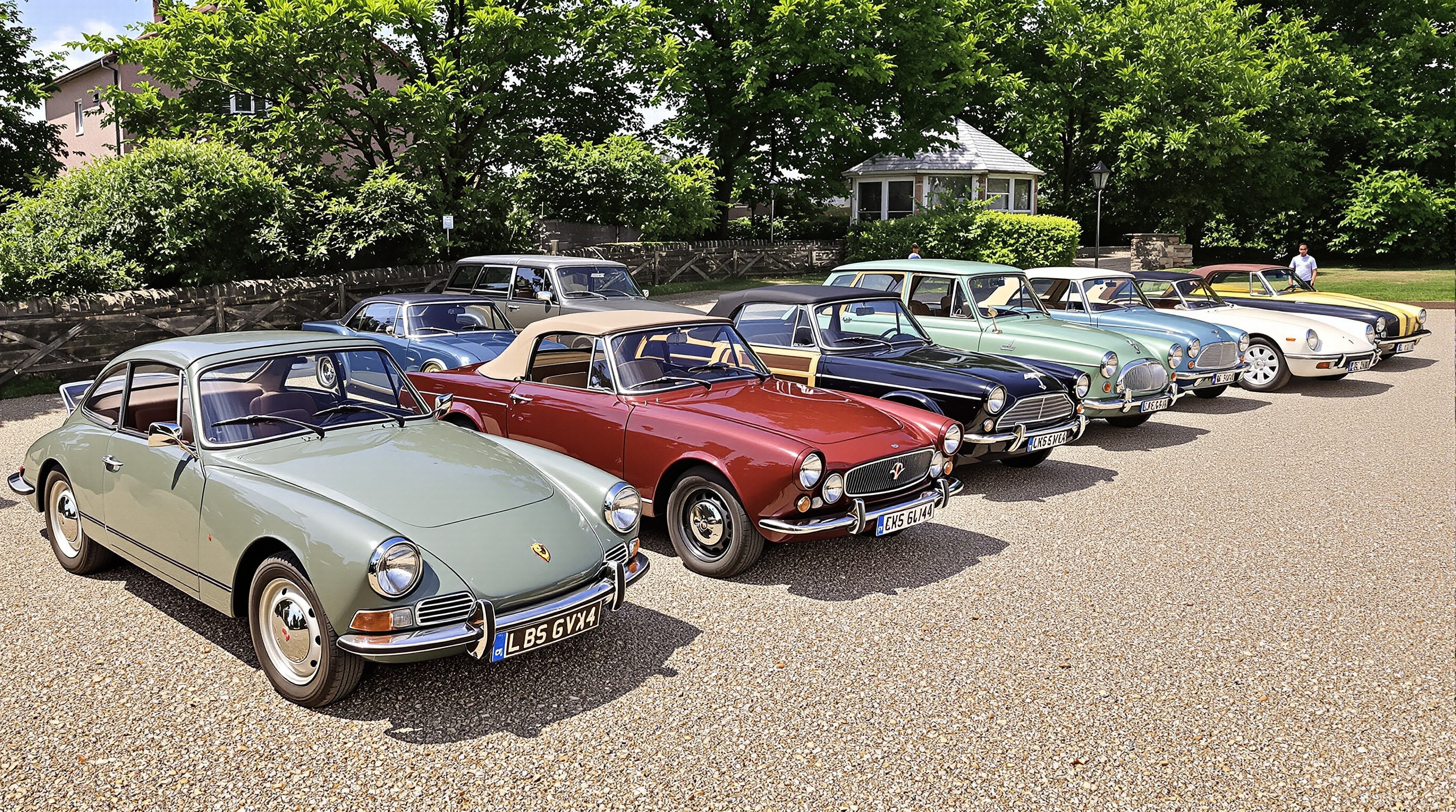 Sélection variée de voitures de collection iconiques : Citroën 2CV, Porsche 911, Jaguar MK2, Ford Mustang, Peugeot 205, Jeep Wagoneer, Fiat Spider