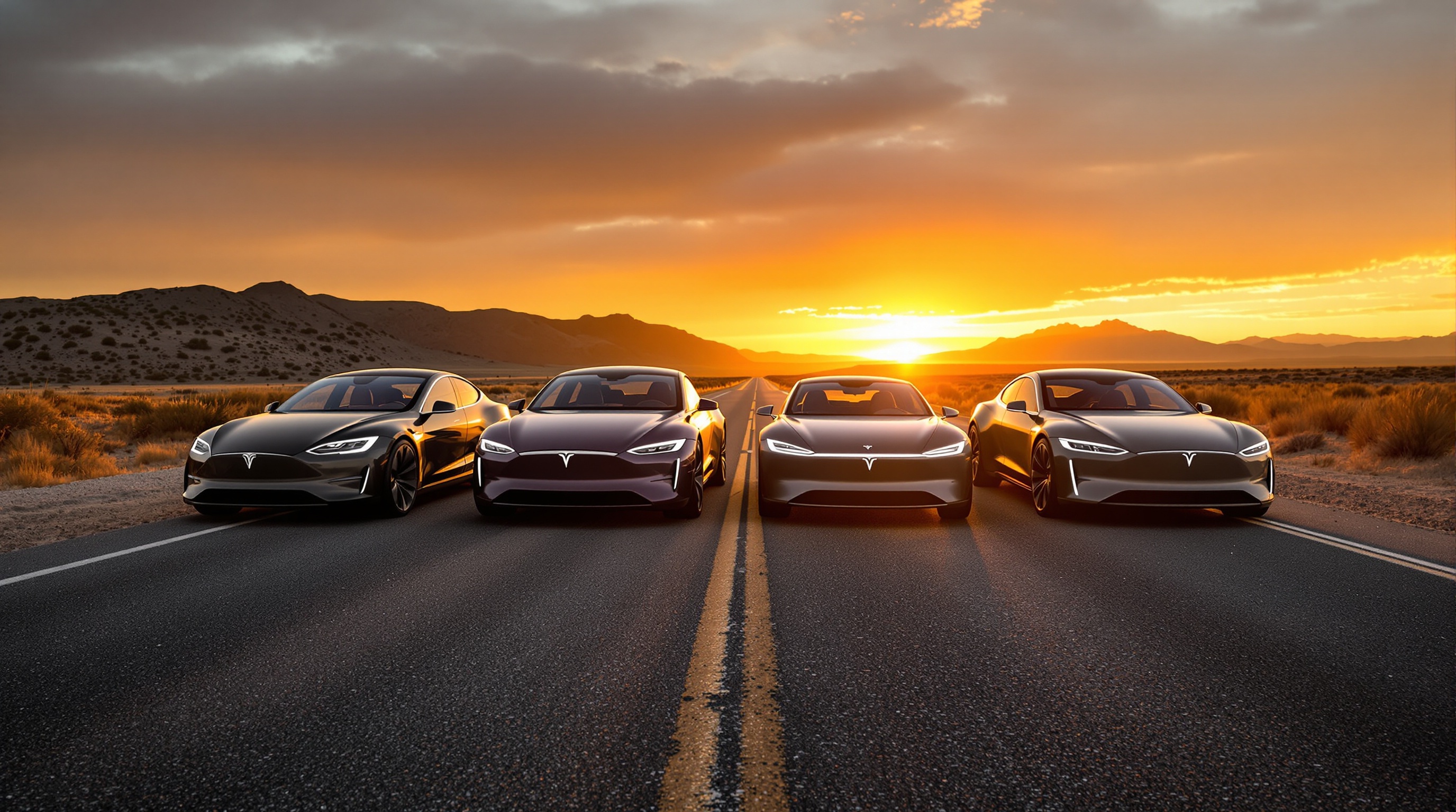 Nouveaux fauves électriques alignés sur route au lever du soleil