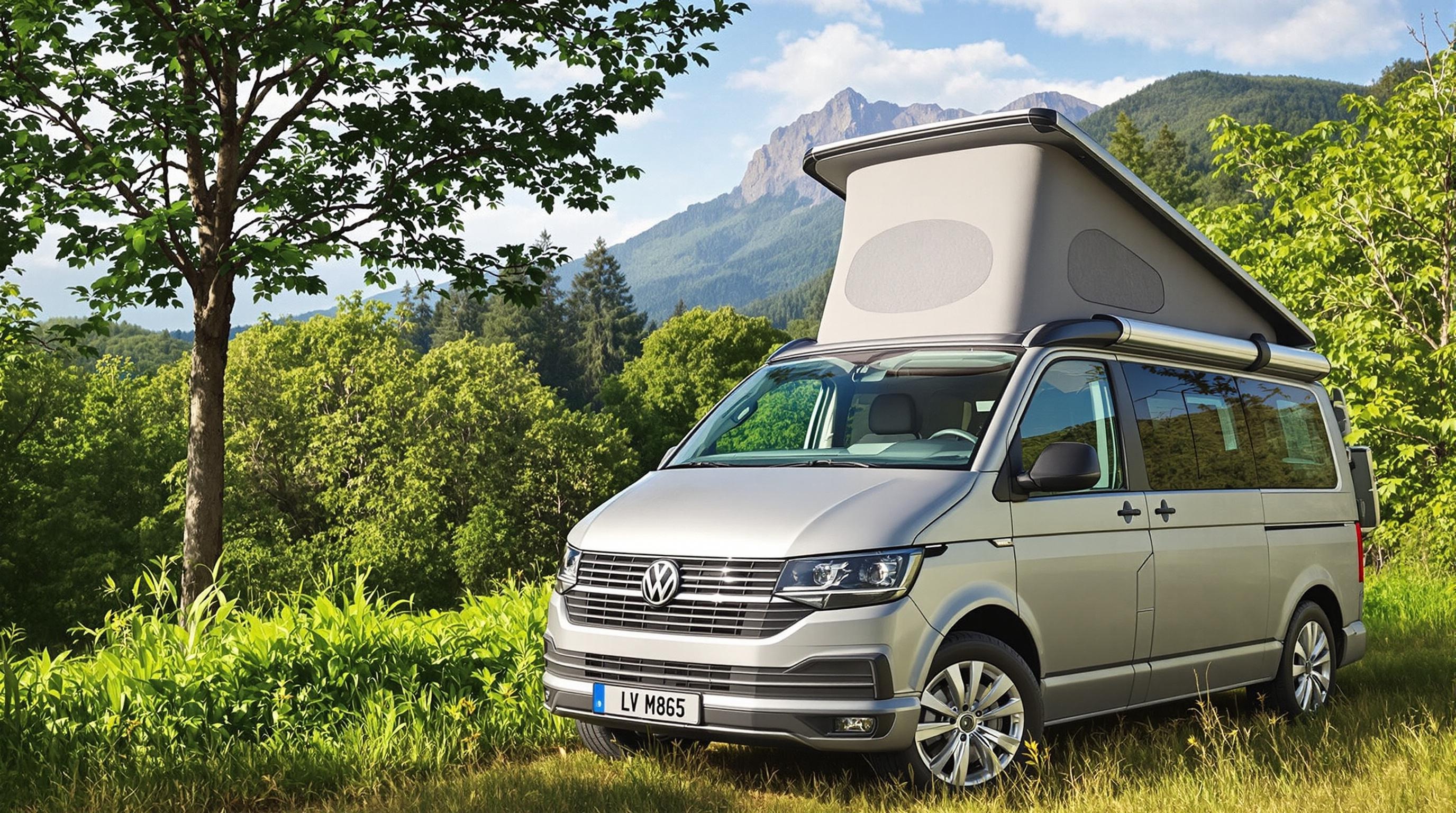 Un van Volkswagen Grand California dans une nature luxuriante.