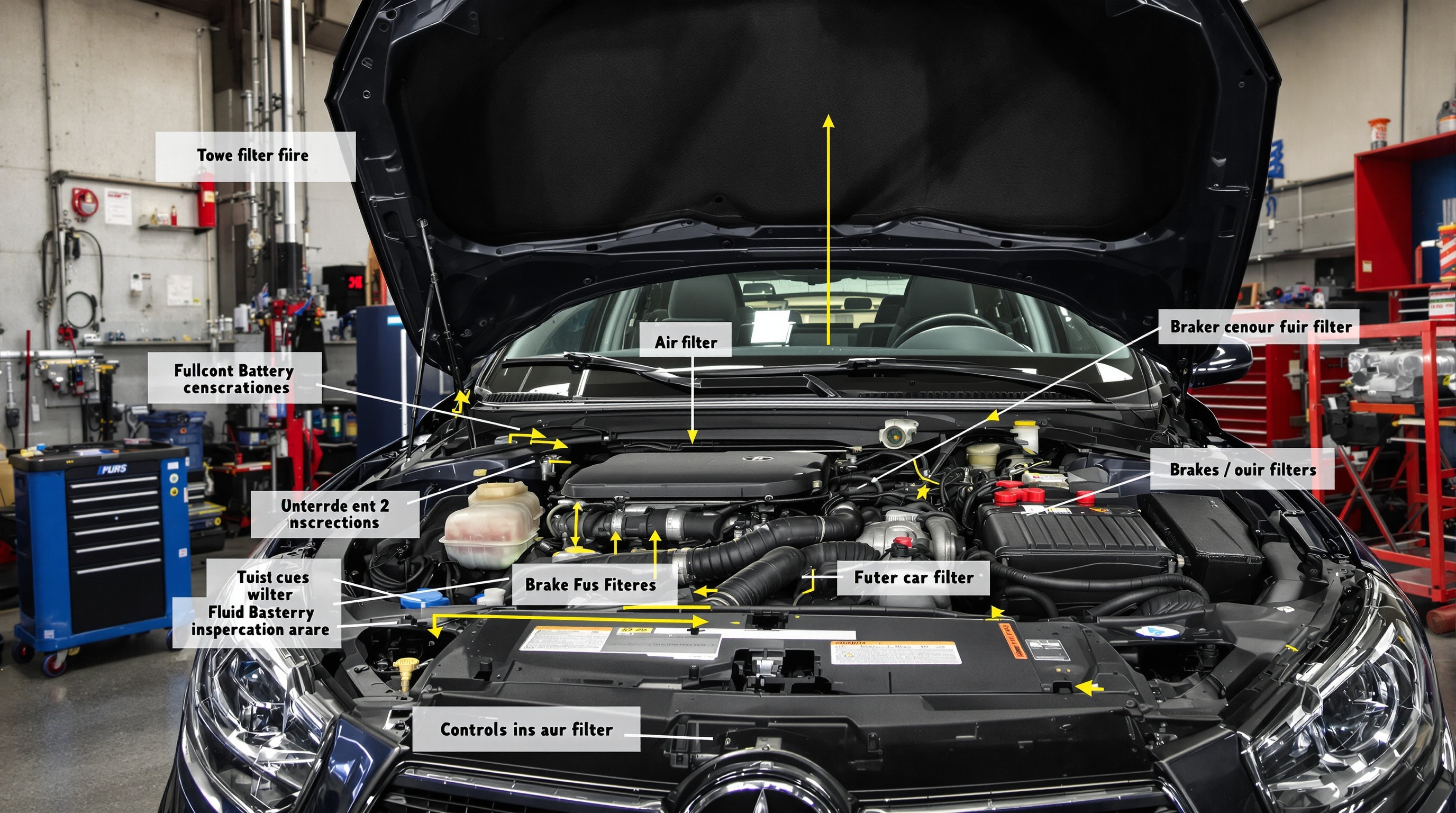 VSP capot ouvert : contrôle simultané filtres, pneus, freins et liquides en atelier