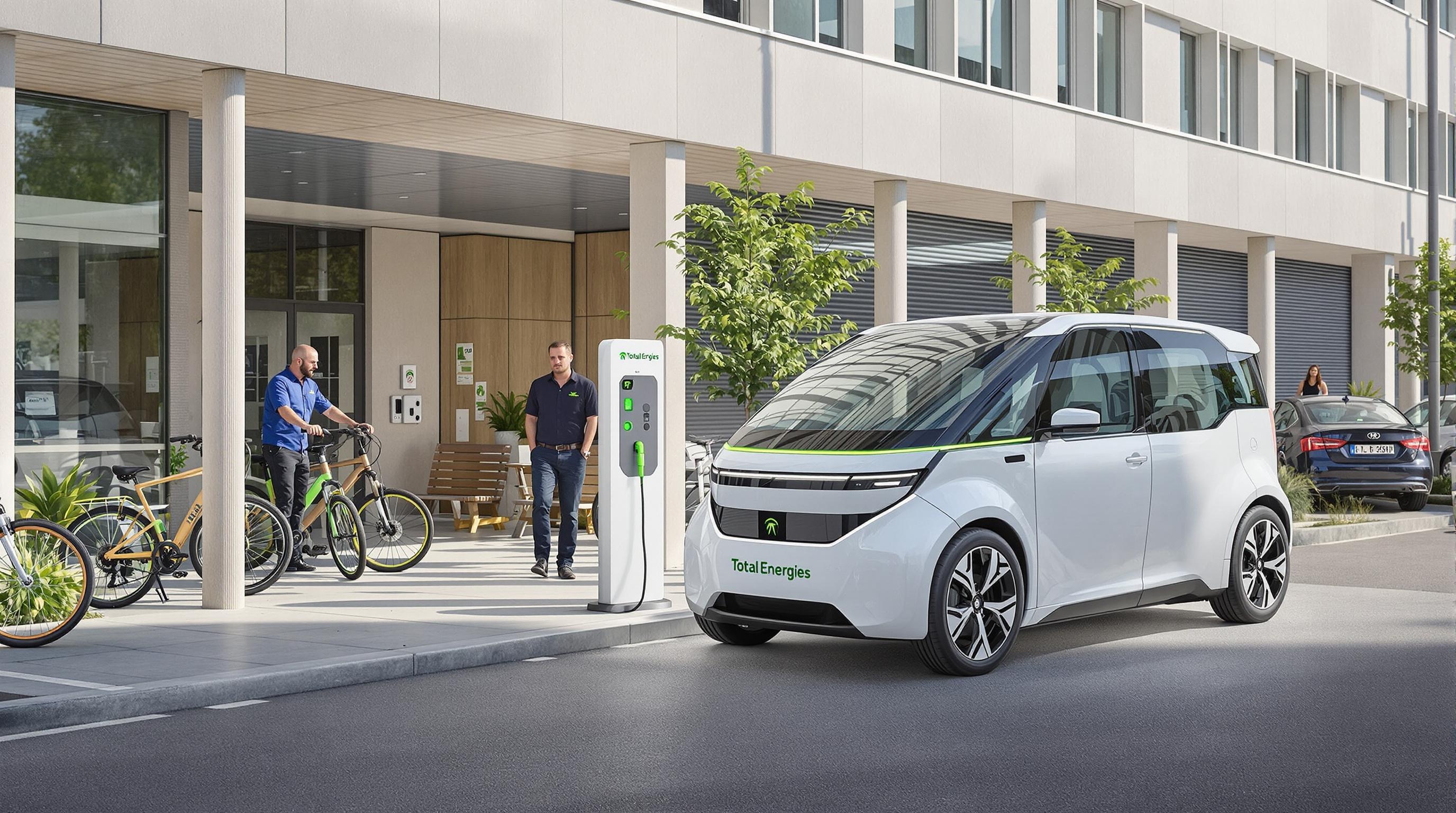 Un VTC électrique moderne devant une borne de recharge TotalEnergies
