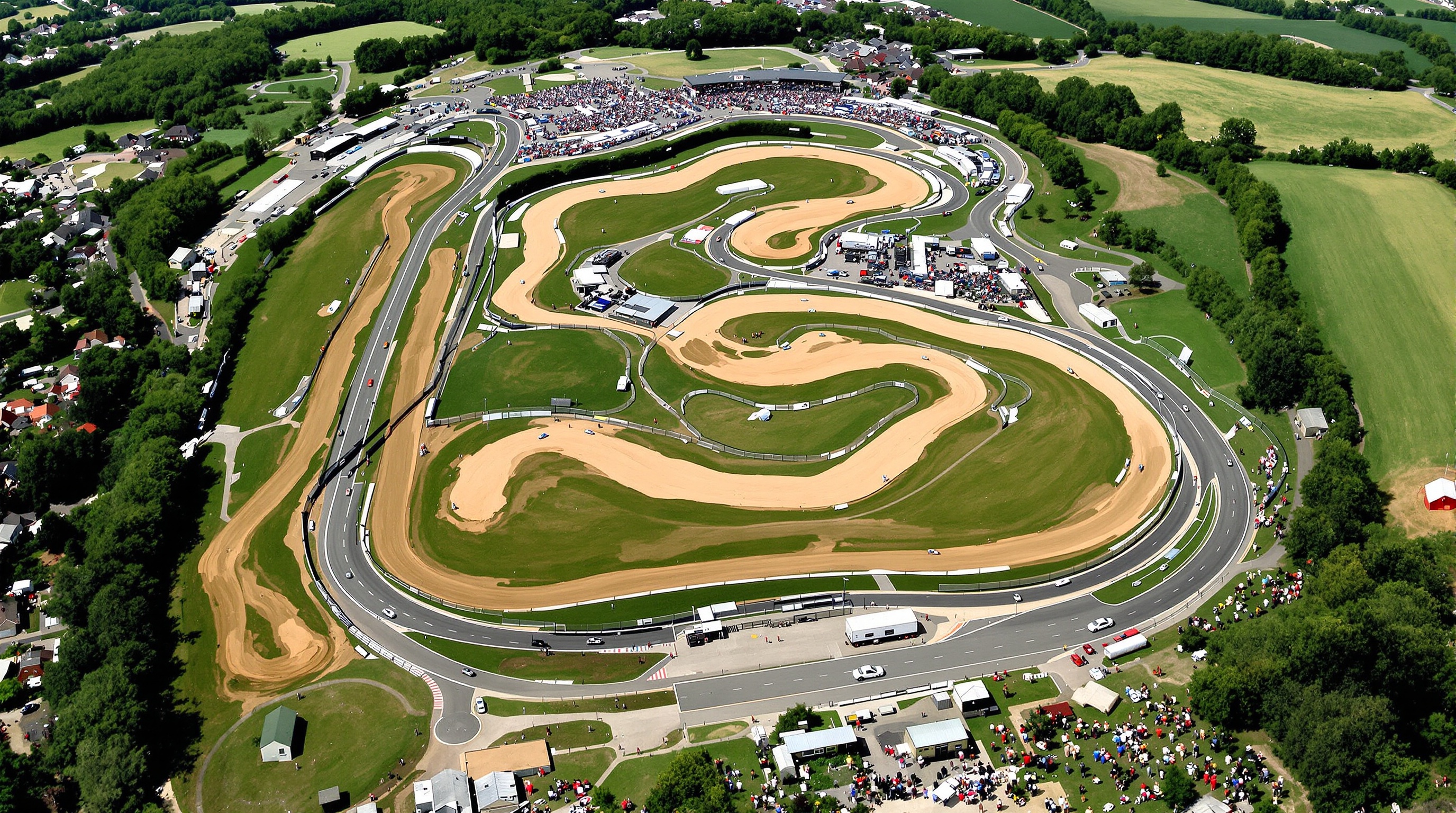 Vue aérienne du Circuit Maurice Forget en Mayenne, montrant le mélange de sections asphaltées et terreuses, ainsi que le tracé du tour joker.