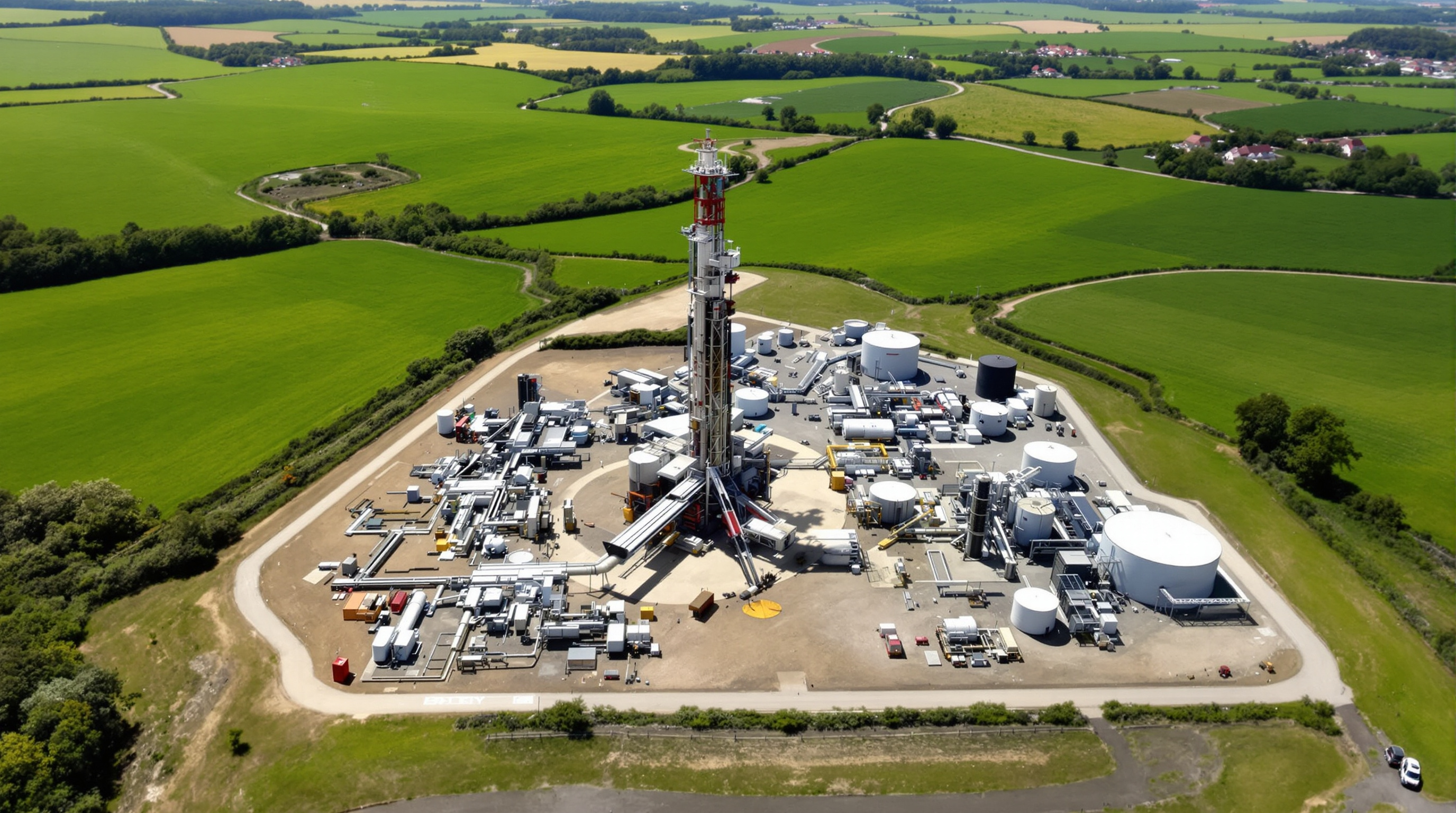 Vue aérienne du site de forage de La Française de l'Énergie à Folschviller en Moselle, épicentre du gisement d'hydrogène blanc.