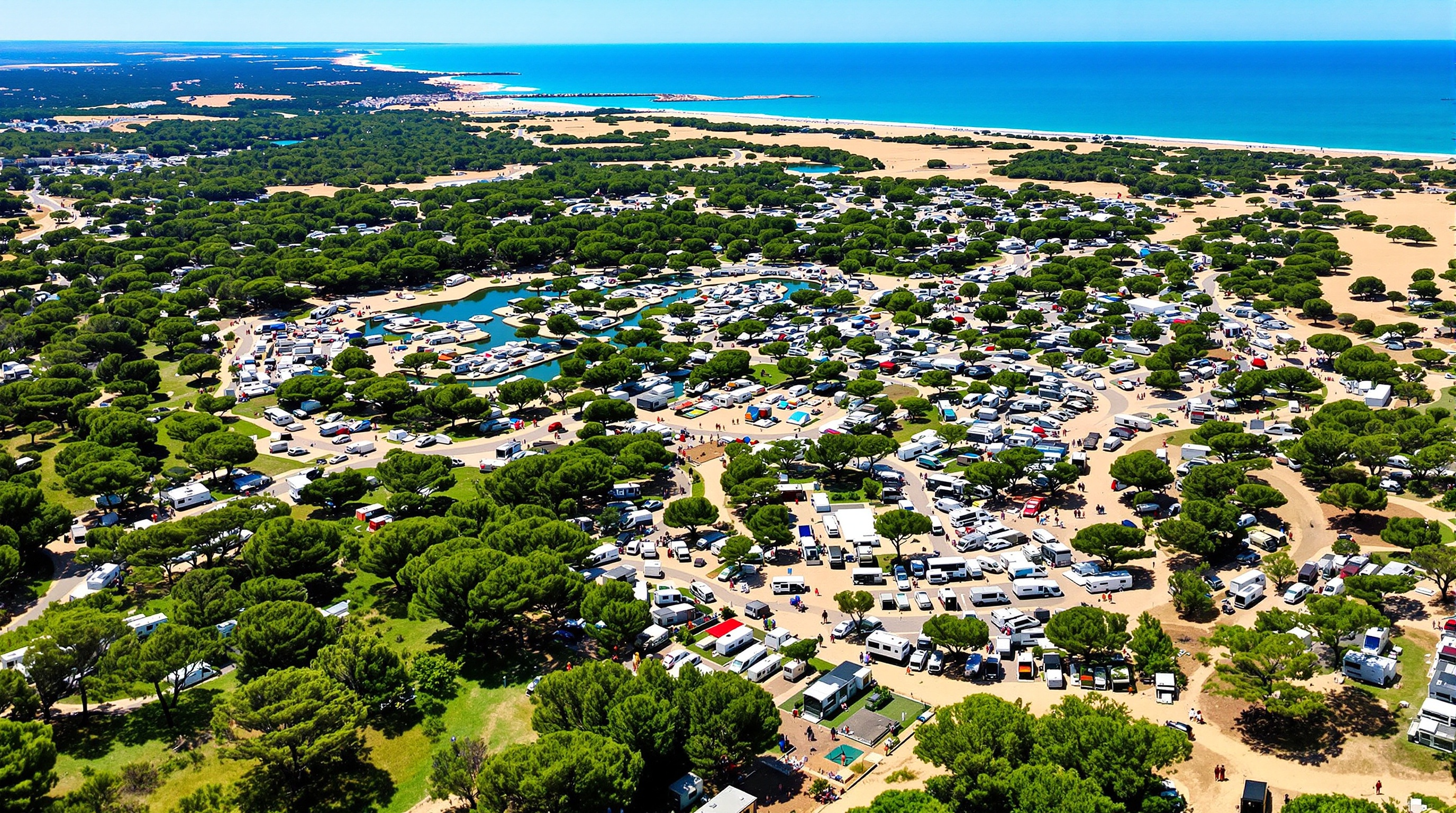 Vue aérienne du site de La Tamarissière à Agde, montrant l'étendue du camping 'la Tama' et son environnement naturel, idéal pour un rassemblement de véhicules de loisirs et de passionnés.