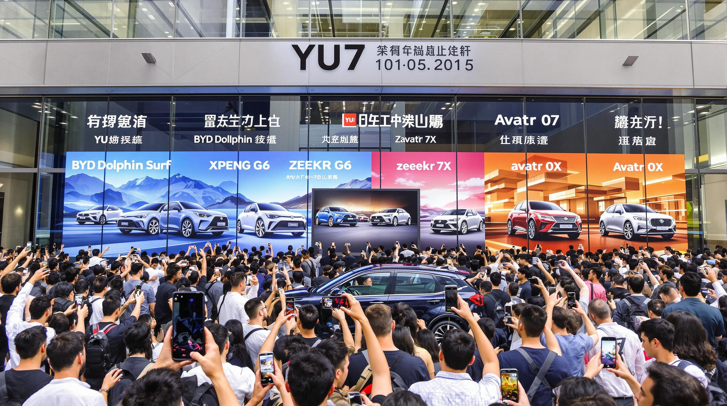 Xiaomi YU7 devant un showroom européen avec concurrents en arrière-plan