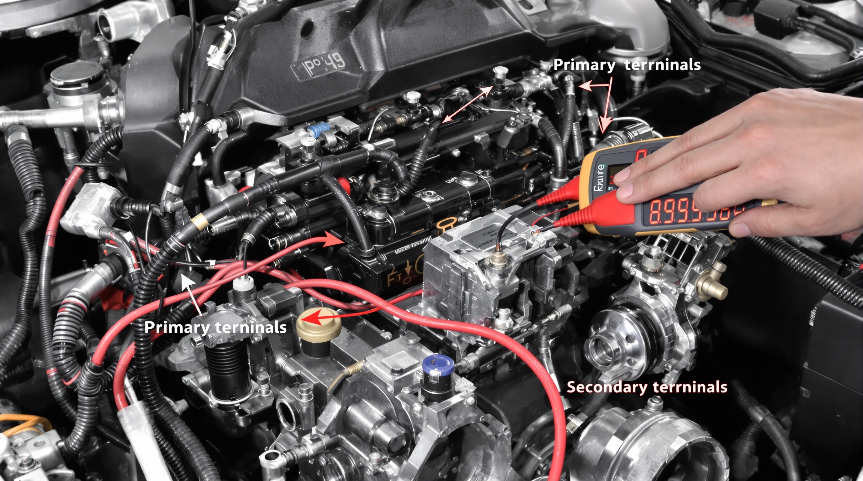 Moteur essence en coupe avec test de bobine d'allumage au multimètre
